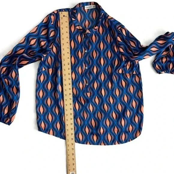 Gallery Navy Retro Style Long Sleeves Printed Pattern Blouse UK 14 - Picture 4 of 7